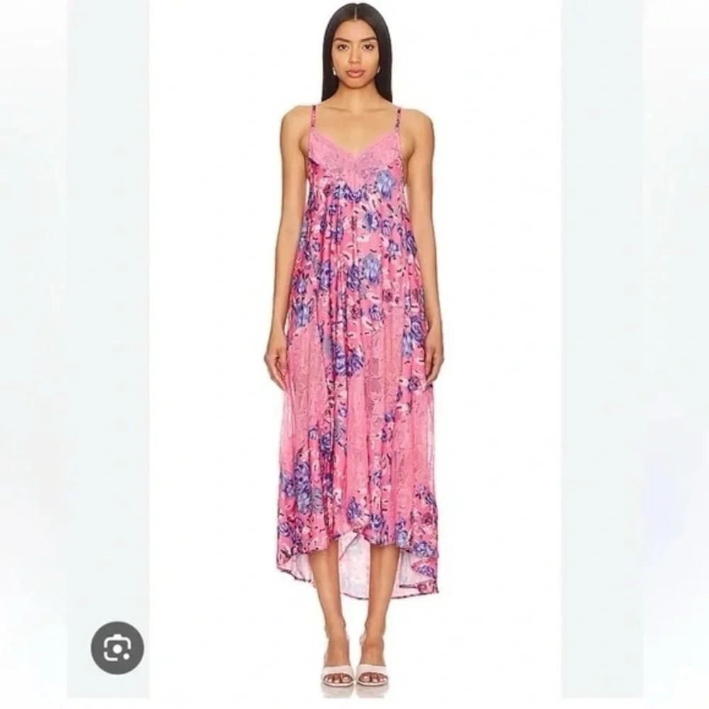 Intimately‎ Free People Pink Floral Lace Trim Midi Slip Dress Womens XS Boho